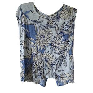 Halston LINEN Size L Teopical Blue White top shirt